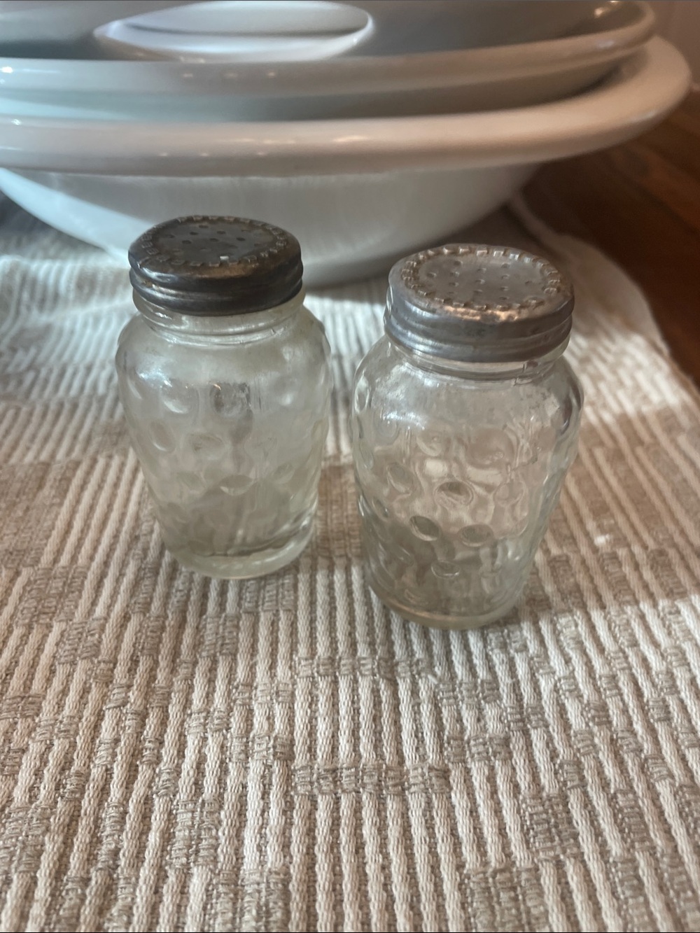 Antique Clear Textured Glass Salt and Pepper Shakers with Metal Lids — Clear